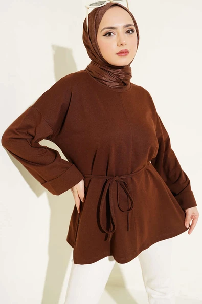 Duble Kol İp Bağcıklı Tunik Kahve ürün görseli