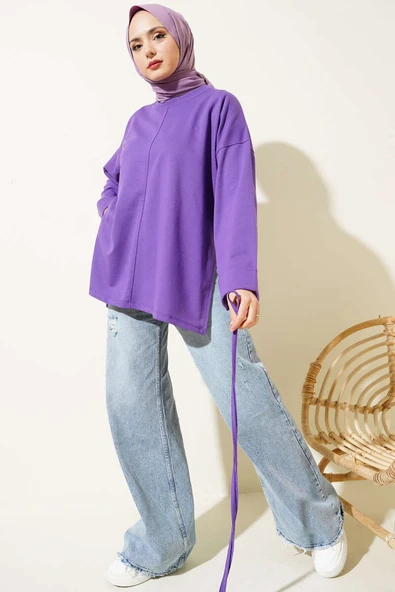 Duble Kol İp Bağcıklı Tunik Lila - Resim 6