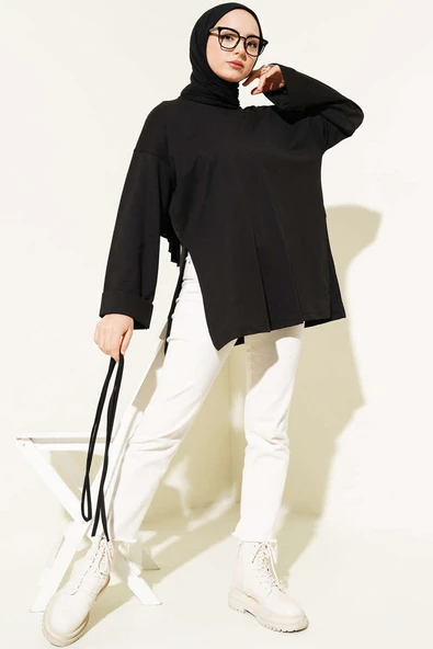 Duble Kol İp Bağcıklı Tunik Siyah - Resim 2
