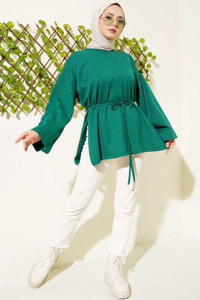 Duble Kol İp Bağcıklı Tunik Zümrüt - Resim 6