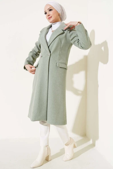 Omuz Taşlı Kaşe Kaban Mint Yeşili - Resim 2