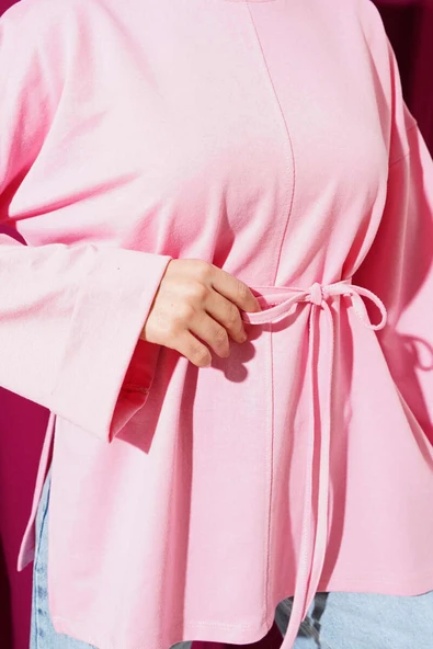 Duble Kol İp Bağcıklı Tunik Pembe - Resim 4