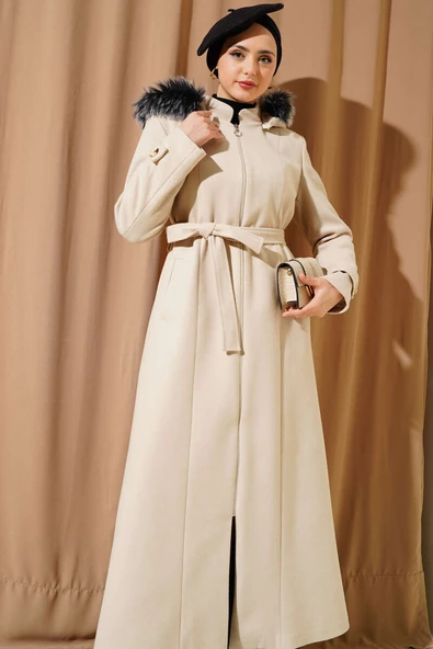 Kapüşonu Kürklü Fermuarlı Uzun Kaşe Kaban Taş - Resim 2