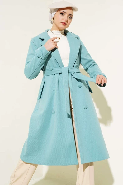 Boydan Düğmeli Kruvaze Yaka Kaşe Kaban Turkuaz ürün görseli 1