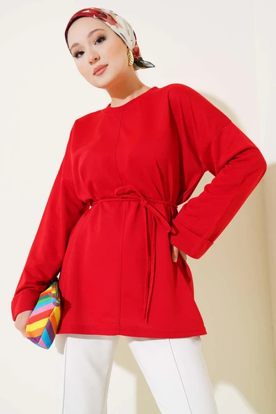 Duble Kol İp Bağcıklı Tunik Kırmızı - Resim 5