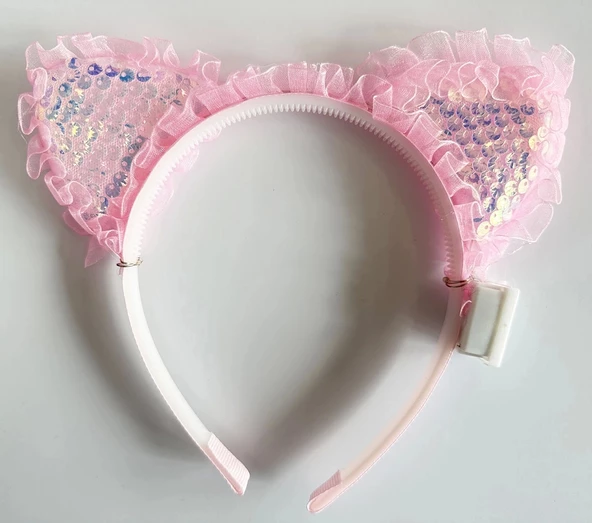 Kenarları Dantelli Pembe Pullu Payetli Led Işıklı Kedi Kulak Taç 17x19 Cm - 2