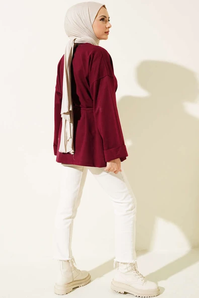 Duble Kol İp Bağcıklı Tunik Bordo - Resim 3