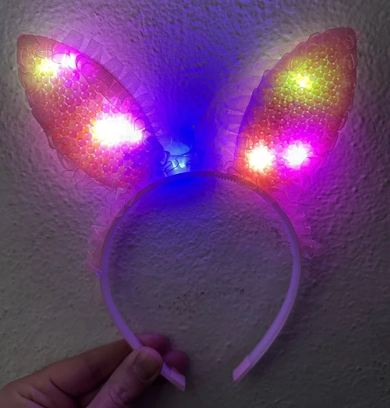 Kenarları Dantelli Pembe Pullu Payetli Led Işıklı Tavşan Kulak Taç 23x19 Cm - 2