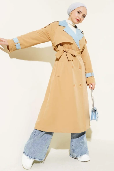 Kot Garnili Apoletli Trençkot Latte - Resim 2