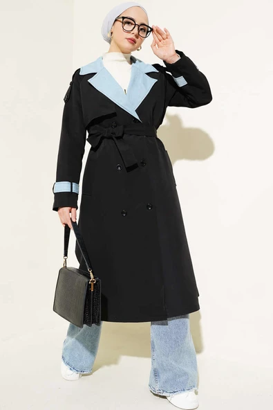 Kot Garnili Apoletli Trençkot Siyah Mavi - Resim 2