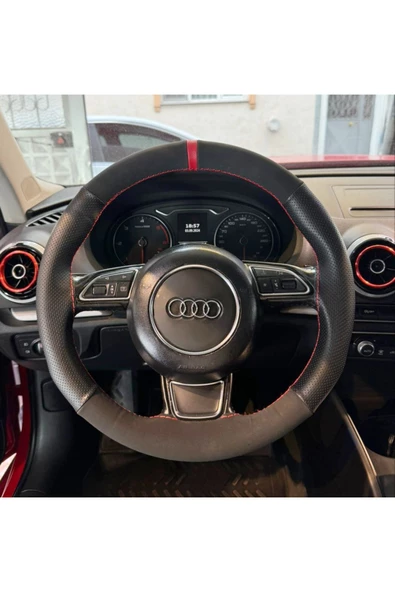 DİKİŞLİ DİREKSİYON KILIFI NOKTALI NUBUK KIRMIZI YÜZÜK KIRMIZI DİKİŞ AUDİ A3 İÇİN - 1