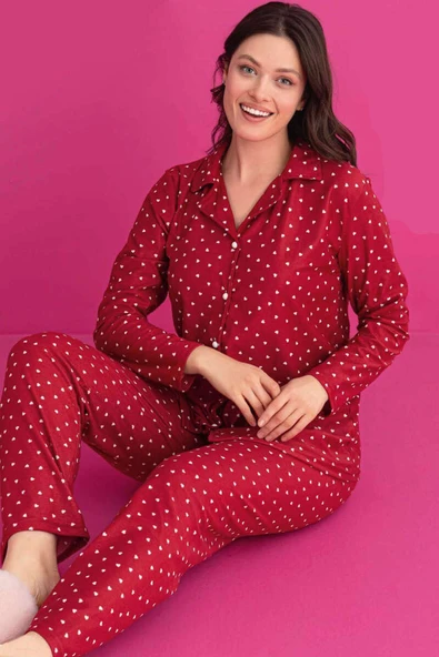 Mini Kalpli Düğmeli Süet Pijama Takım Bordo
