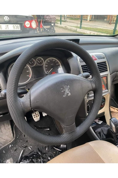 DİKİŞLİ DİREKSİYON KILIFI KARBON DERİ SİYAH DİKİŞLİ PEUGEOT 307 İÇİN - 1