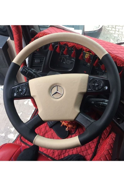 DİKİŞLİ DİREKSİYON KILIFI BEJ/SİYAH DERİ SİYAH DİKİŞLİ MERCEDES ACTROS İÇİN ürün görseli