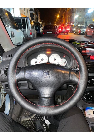 DİKİŞLİ DERİ DİREKSİYON KILIFI SİYAH DERİ KIRMIZI DİKİŞLİ PEUGEOT 206 İÇİN - 2