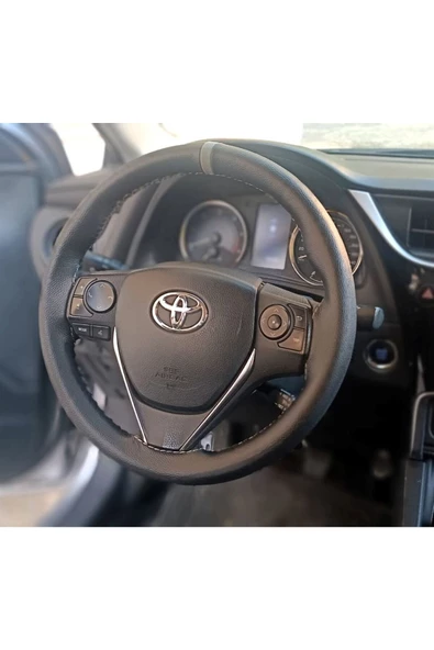DİKİŞLİ DİREKSİYON KILIFI DAMARLI SİYAH DERİ/GRİ YÜZÜK GRİ DİKİŞ TOYOTA COROLLA İÇİN - 1