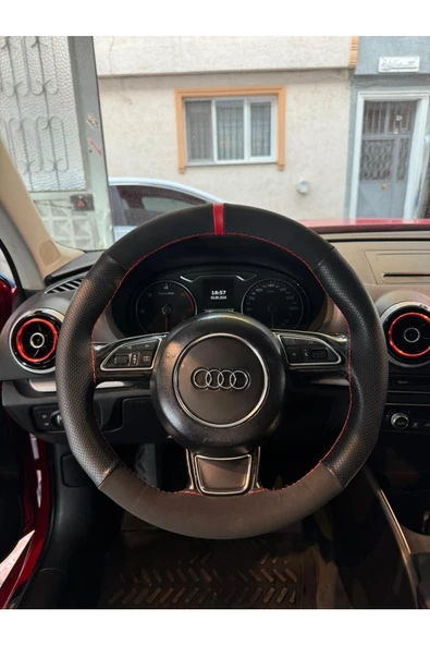 DİKİŞLİ DİREKSİYON KILIFI NOKTALI NUBUK KIRMIZI YÜZÜK KIRMIZI DİKİŞ AUDİ A3 İÇİN - 2