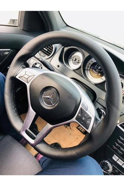 DİKİŞLİ DERİ DİREKSİYON KILIFI DAMARLI SİYAH DERİ SİYAH DİKİŞLİ C KASA MERCEDES İÇİN - 1