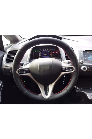 DİKİŞLİ DERİ DİREKSİYON KILIFI DAMARLI/NOKTALI DERİ KIRMIZI DİKİŞLİ HONDA CİVİC 2007-2012 ürün görseli