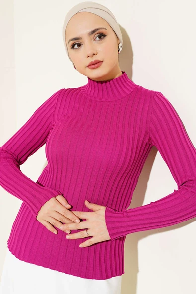 Fitilli Esnek Triko Kazak Magenta - Resim 2