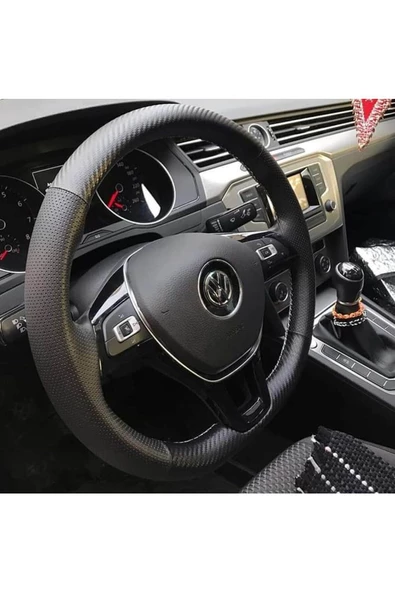 DİKİŞLİ DERİ DİREKSİYON KILIFI NOKTALI KARBON DERİ SİYAH DİKİŞLİ VOLKSWAGEN İÇİN ürün görseli