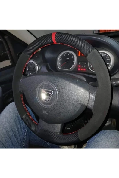 DİKİŞLİ DİREKSİYON KILIFI KARBON NUBUK KIRMIZI YÜZÜKLÜ DACİA İÇİN - Resim 2