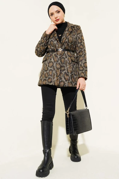 Leopar Desen Kemerli Blazer Ceket Taba - 2