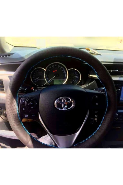 DİKİŞLİ DERİ DİREKSİYON KILIFI NOKTALI DERİ AÇIK MAVİ DİKİŞLİ TOYOTA COROLLA İÇİN - 1