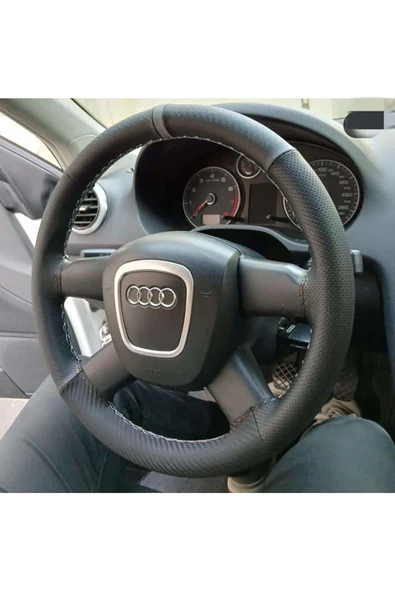 DİKİŞLİ DİREKSİYON KILIFI NOKTALI/KARBON DERİ GRİ YÜZÜK GRİ DİKİŞ AUDİ İÇİN - 1