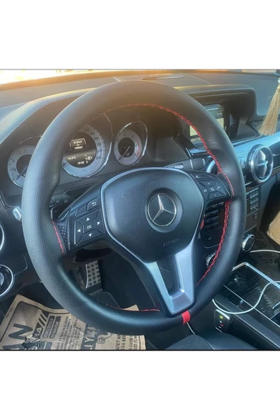 Dikişli Direksiyon Kılıfı Damarlı Siyah Deri Kırmızı Dikişli Mercedes C Için ürün görseli