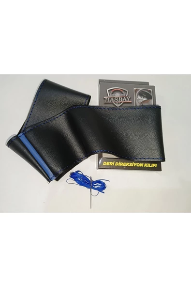 DİKİŞLİ DERİ DİREKSİYON KILIFI DAMARLI DERİ MAVİ YÜZÜK MAVİ DİKİŞ - Resim 3