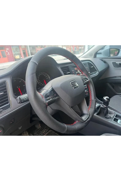 SEAT LEON DİKİŞLİ DERİ DİREKSİYON KILIFI KARBON/NOKTALI/KIRMIZI DİKİŞLİ - Resim 2