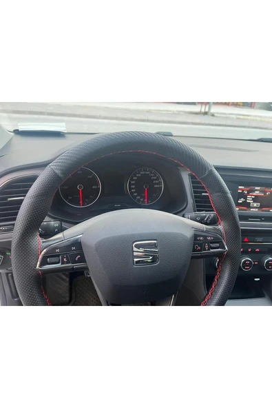 SEAT LEON DİKİŞLİ DERİ DİREKSİYON KILIFI KARBON/NOKTALI/KIRMIZI DİKİŞLİ - Resim 3