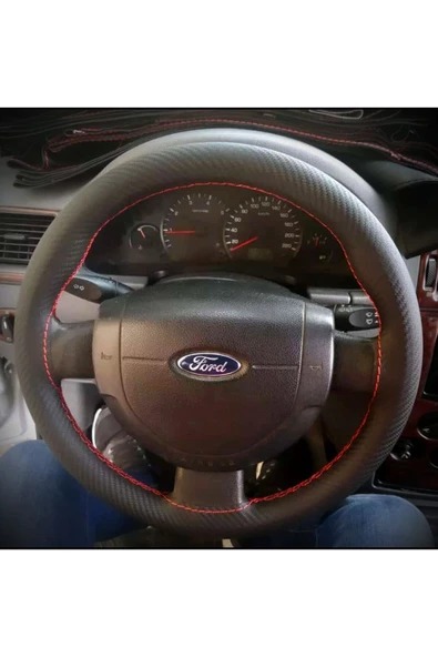 DİKİŞLİ DİREKSİYON KILIFI KARBON DERİ KIRMIZI DİKİŞLİ FORD CONNECT İÇİN Uyumlu ürün görseli