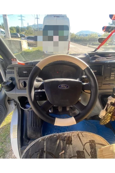 DİKİŞLİ DİREKSİYON KILIFI NOKTALI/BEJ DERİ SİYAH DİKİŞLİ FORD TRANSİT İÇİN - Resim 2
