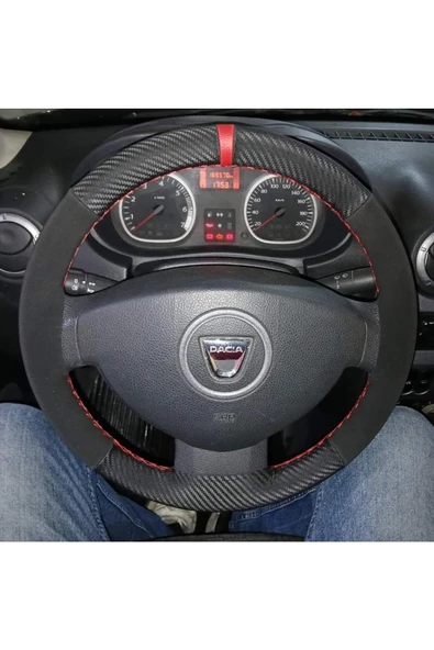 DİKİŞLİ DİREKSİYON KILIFI KARBON NUBUK KIRMIZI YÜZÜKLÜ DACİA İÇİN ürün görseli