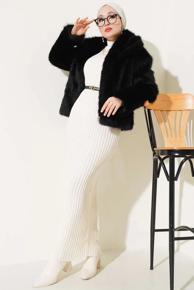 Astarlı Kürk Mont Siyah - Resim 2