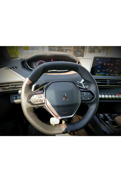 DİKİŞLİ DERİ DİREKSİYON KILIFI DAMARLI SİYAH DERİ SİYAH DİKİŞLİ PEUGEOT 3008 İÇİN - Resim 3