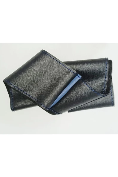 DİKİŞLİ DERİ DİREKSİYON KILIFI DAMARLI DERİ MAVİ YÜZÜK MAVİ DİKİŞ ürün görseli