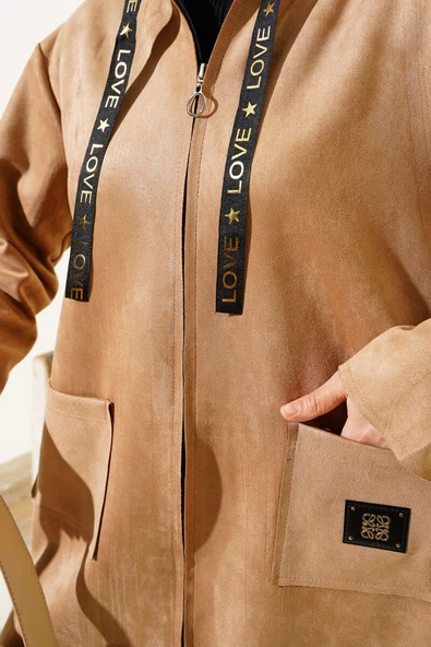 Fermuarlı Cepli Süet Kap Camel - Resim 4