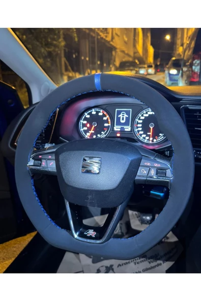 DİKİŞLİ DİREKSİYON KILIFI NUBUK DERİ MAVİ YÜZÜK MAVİ DİKİŞLİ SEAT LEON İÇİN - 1