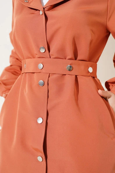 Kapşonlu Çıt Çıt Kısa Trenç Kiremit - Resim 4