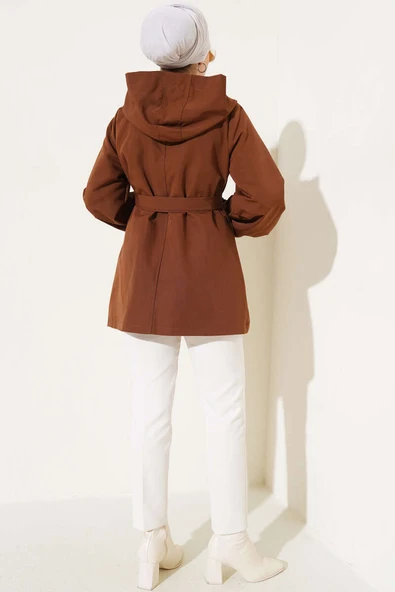 Kapşonlu Çıt Çıt Kısa Trenç Kahve - Resim 3