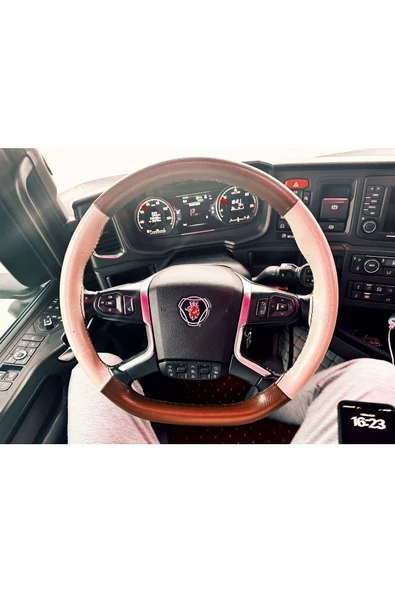 DİKİŞLİ DİREKSİYON KILIFI KAHVE/BEJ DERİ SİYAH DİKİŞLİ SCANİA TIR KAMYON İÇİN - 2