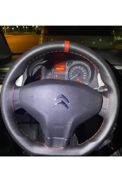 DİKİŞLİ DİREKSİYON KILIFI DAMARLI SİYAH DERİ KIRMIZI YÜZÜK KIRMIZI DİKİŞLİ CITROEN ELYSEE İÇİN - Resim 2