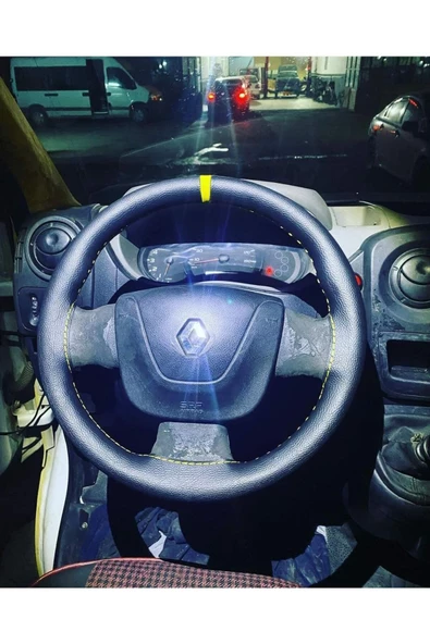 DİKİŞLİ DİREKSİYON KILIFI DAMARLI SİYAH DERİ SARI YÜZÜK/DİKİŞLİ RENAULT MASTER İÇİN - 1