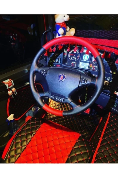 DİKİŞLİ DERİ DİREKSİYON KILIFI SİYAH DERİ/KIRMIZI DERİ TIR KAMYON KILIFI BÜYÜK EBATLAR ürün görseli