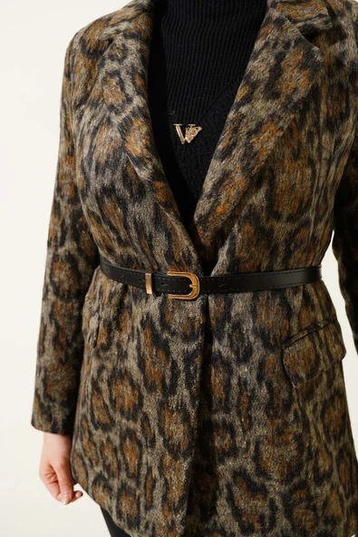 Leopar Desen Kemerli Blazer Ceket Taba - 4