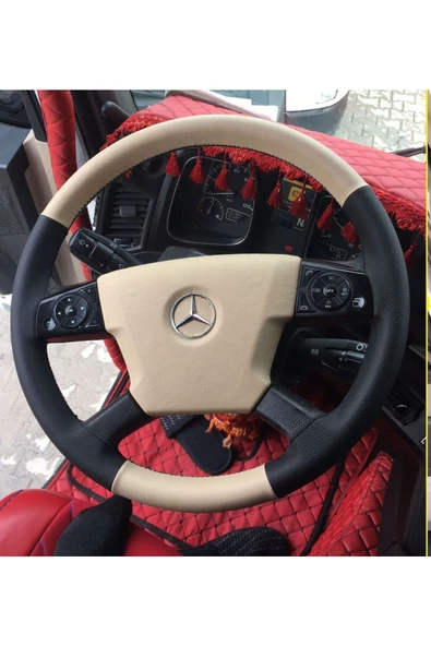 DİKİŞLİ DİREKSİYON KILIFI BEJ/SİYAH DERİ SİYAH DİKİŞLİ MERCEDES ACTROS İÇİN - Resim 2