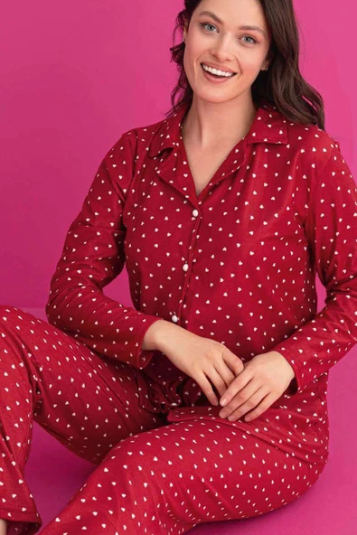Mini Kalpli Düğmeli Süet Pijama Takım Bordo - 2